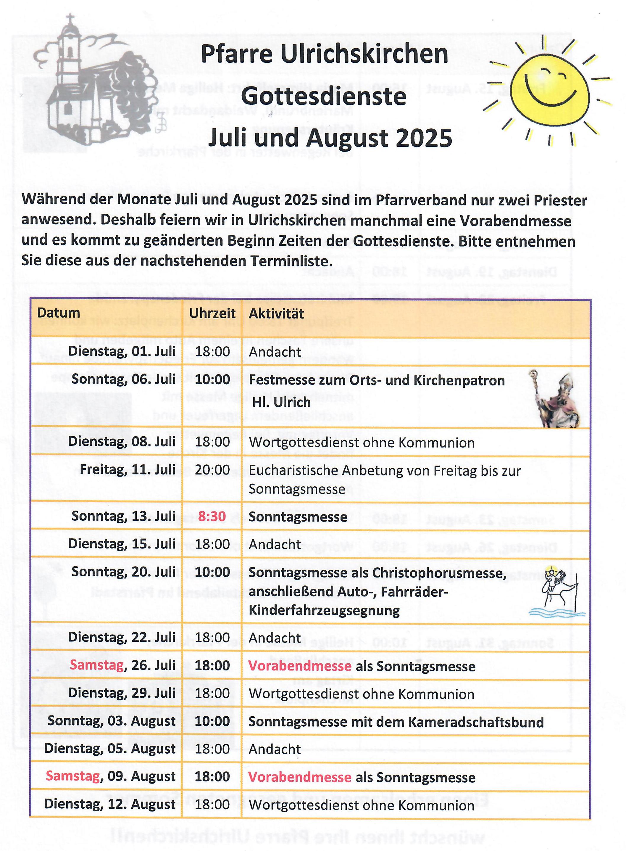 Gottesdienste Juli August